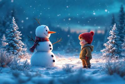 Primary subject: A snowman with a scarf and a hat.

Setting/background: A snowy field with trees in the background.

Visual style: Digital art.

Colors and mood: The snowman is white, and the overall atmosphere is cold and snowy.